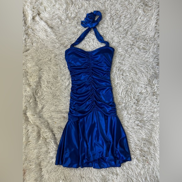 Y2K Le Chateau Halter Ruched Frill Cobalt Blue Formal Dress - Picture 2 of 7